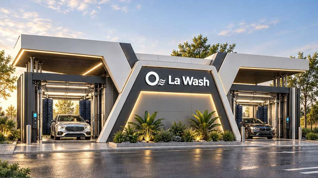 Visualisation de la station O La Wash au coucher du soleil : deux boxes de lavage encadrant un volume central portant l'enseigne lumineuse