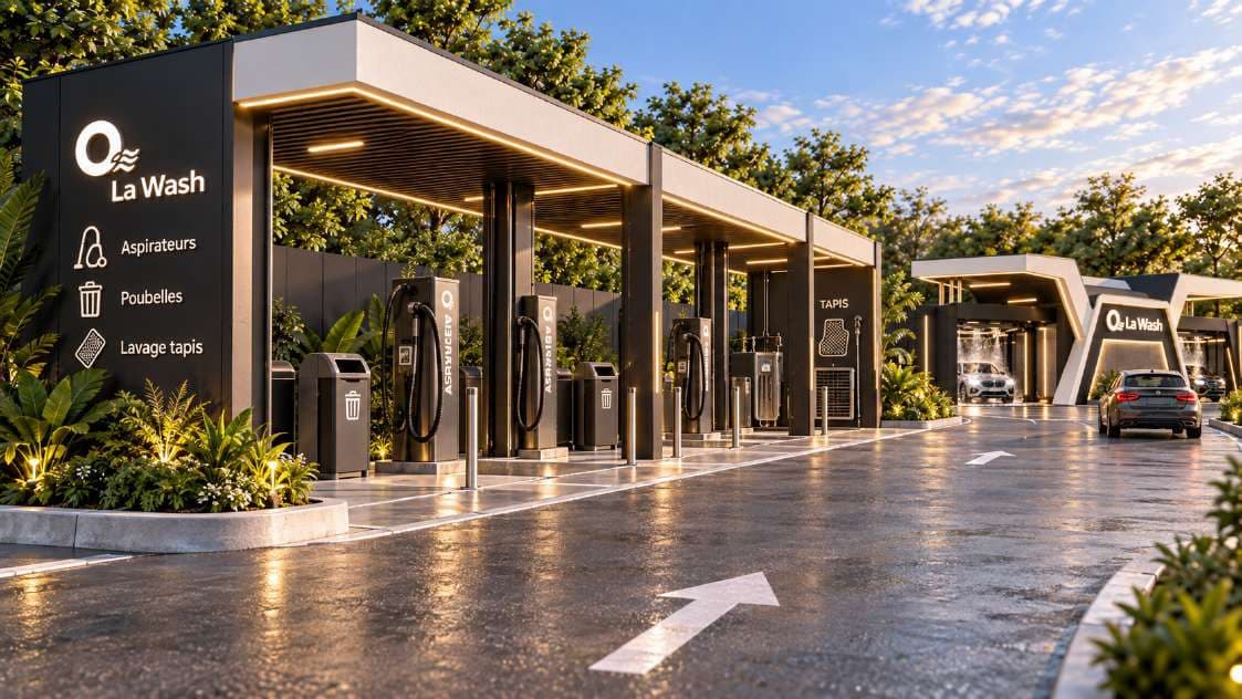 Ծածկված փոշեկուլների և ծառայությունների գոտի՝ ցուցանակներով, աղբամաններով և գորգերի լվացմամբ