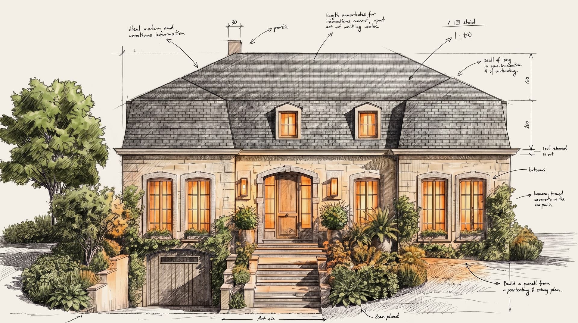 Watercolour sketch of the front façade of a family house in Brussels: mansard roof, arched door, planted garden, architect's annotations