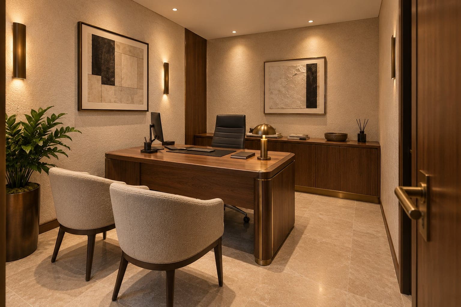 Bureau : bureau en noyer, deux fauteuils beiges, boiseries et tableaux abstraits
