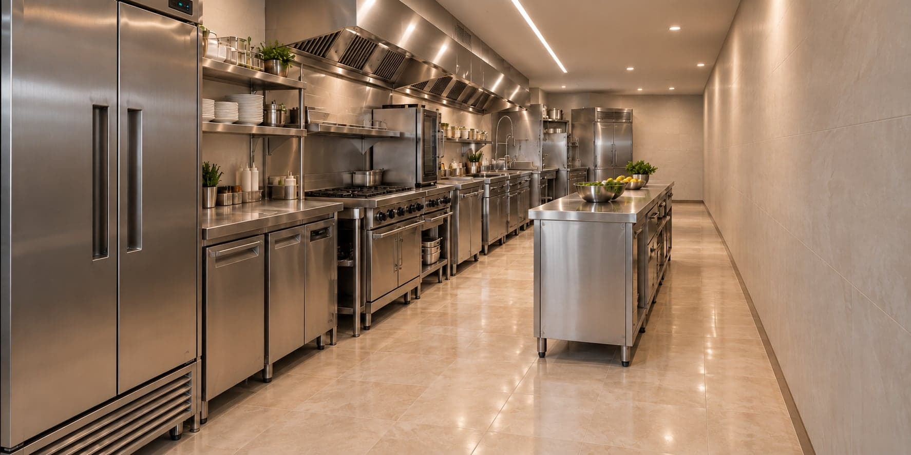 Cuisine professionnelle en inox, tout en longueur, avec passe-plat