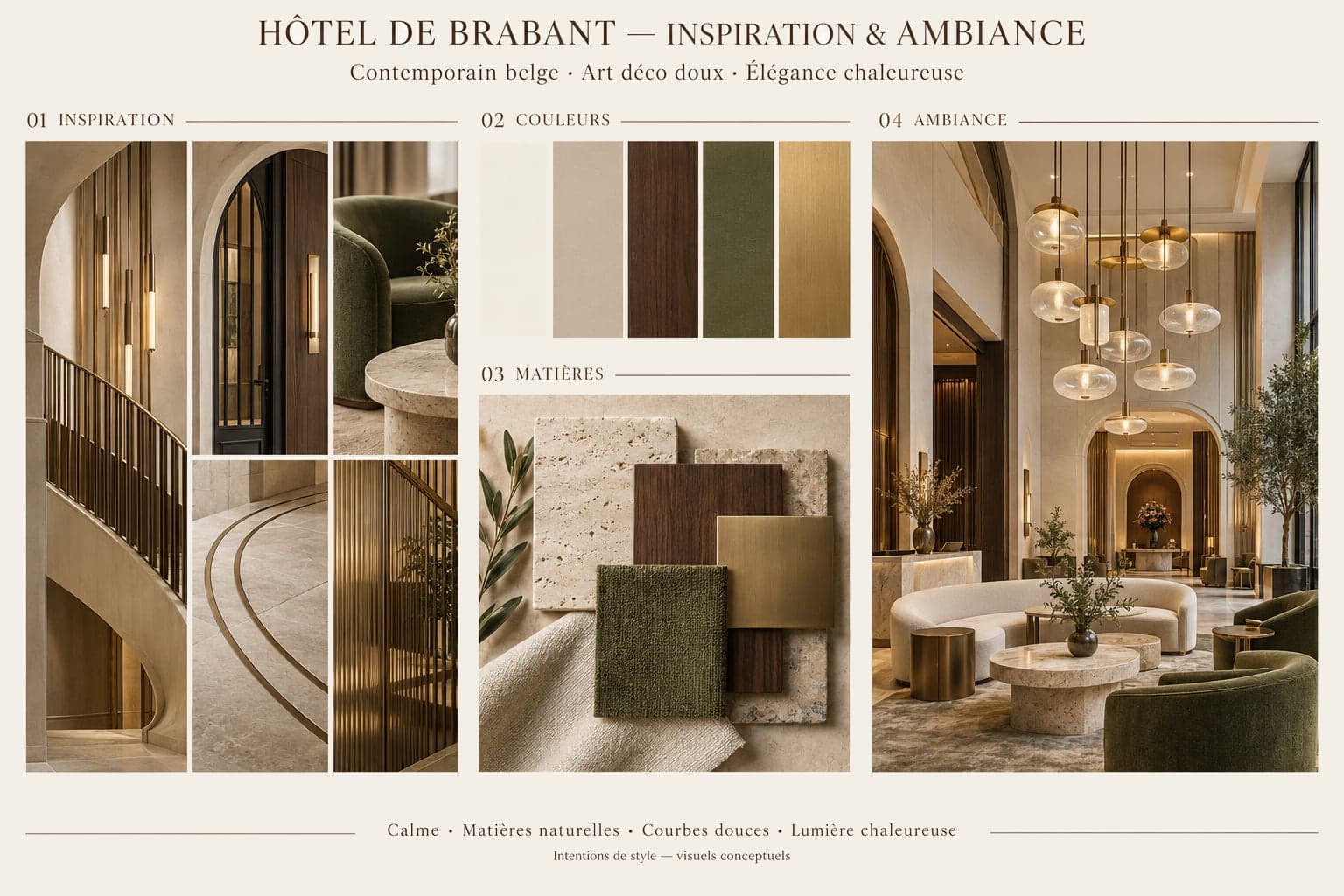 Planche d'inspiration : escaliers courbes, banquettes vertes, suspensions en verre, arches et boiseries
