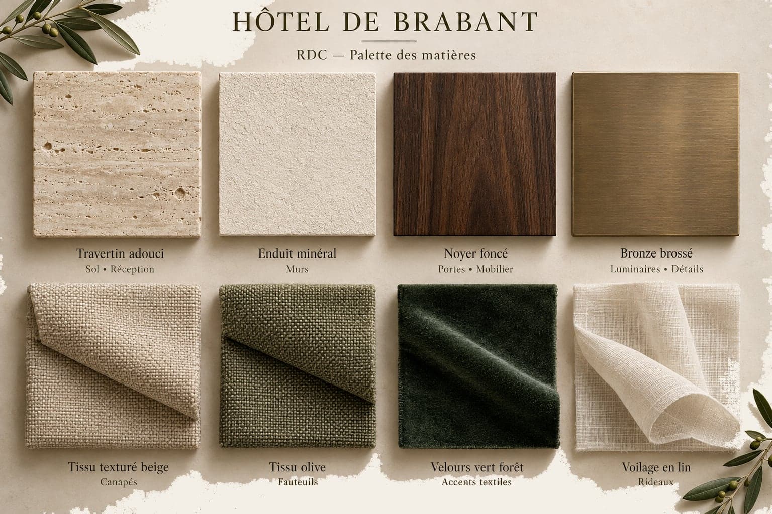 Échantillons : travertin adouci, enduit minéral, noyer foncé, bronze brossé, tissu beige, tissu olive, velours vert forêt, voilage en lin