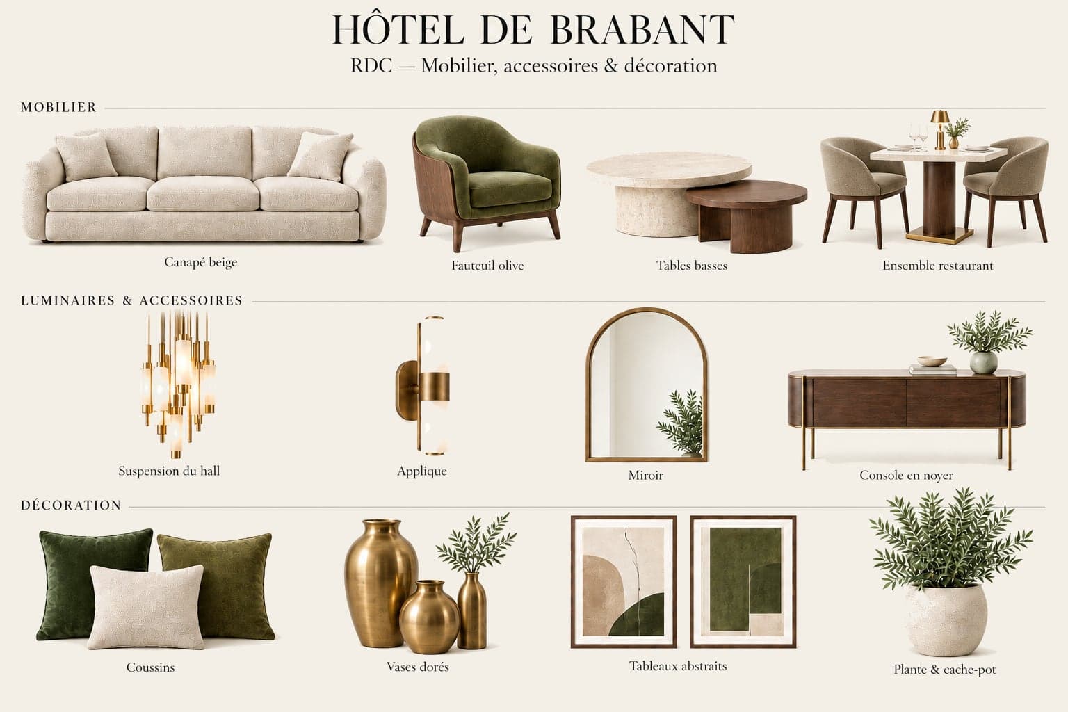 Mobilier et accessoires : canapé beige, fauteuil olive, tables basses en noyer, suspension en verre, appliques, miroir en arche, console