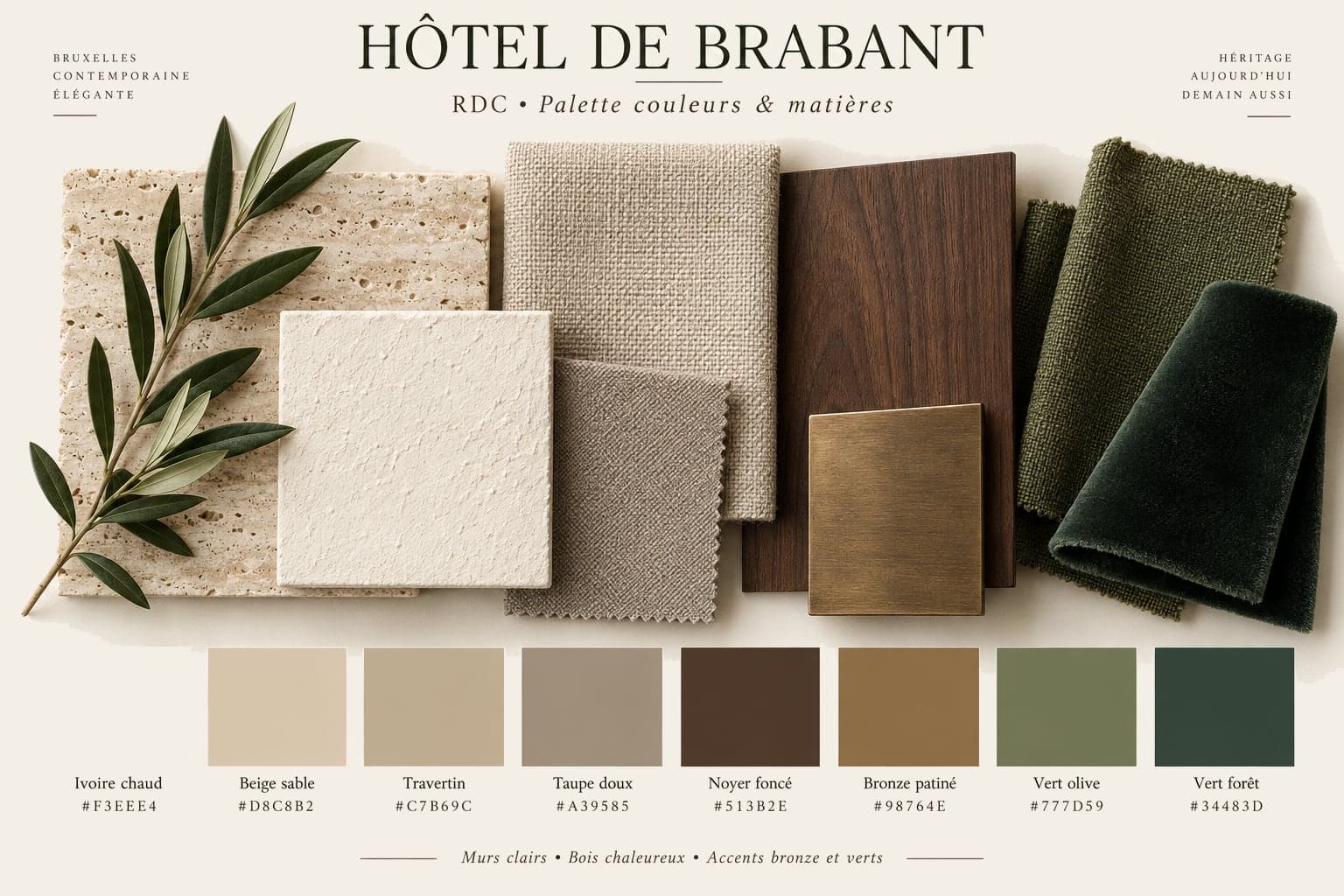 Palette du projet : travertin, enduit blanc, lin beige, noyer, bronze, velours vert olive et vert forêt
