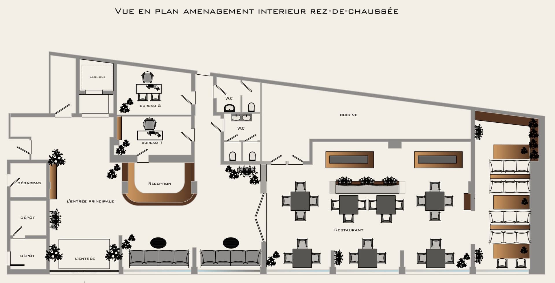 Plan d'aménagement intérieur du rez-de-chaussée avec mobilier : réception courbe, banquettes, tables du restaurant, cuisine