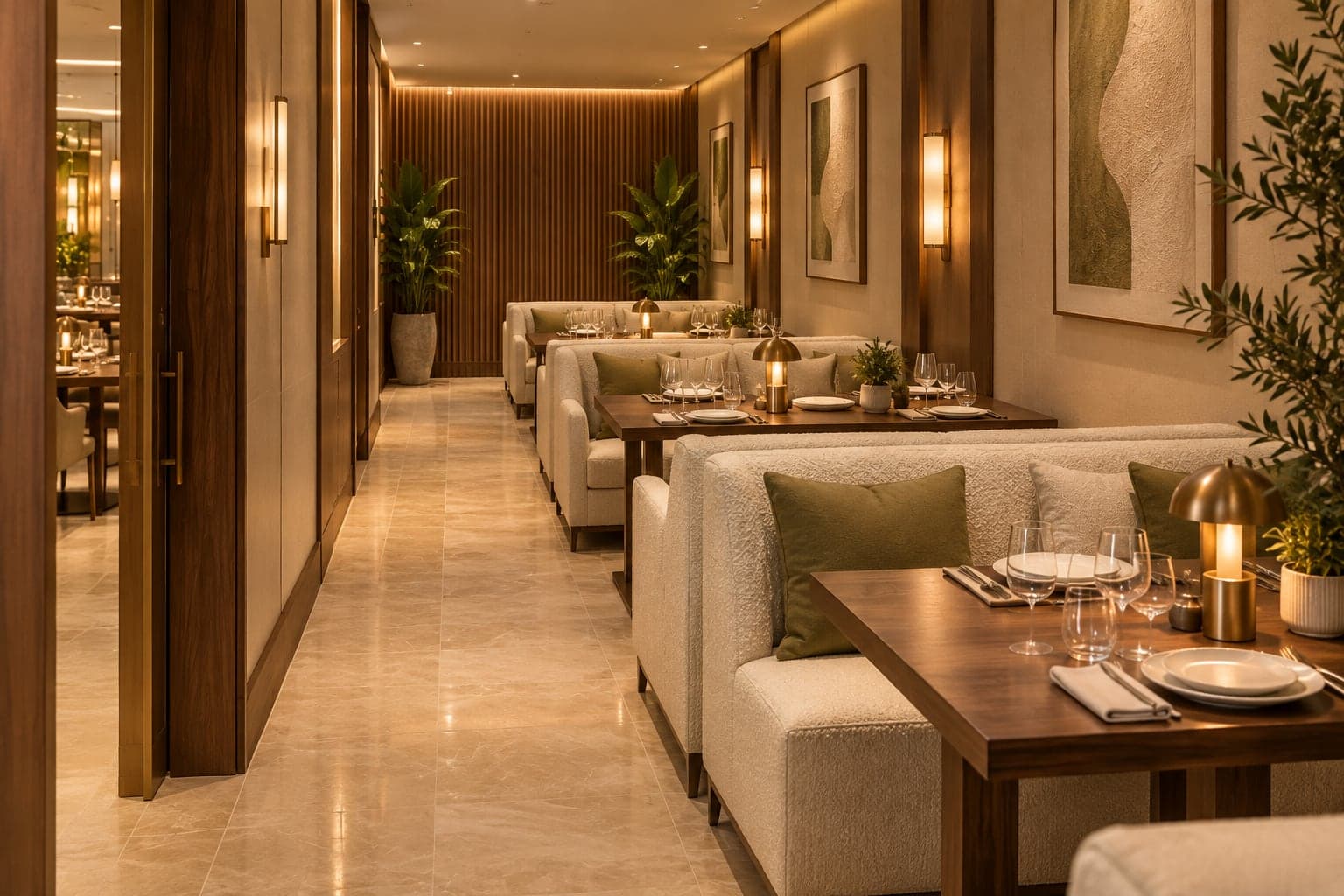 Restaurant : banquettes beiges et coussins olive, tables en noyer, appliques en bronze
