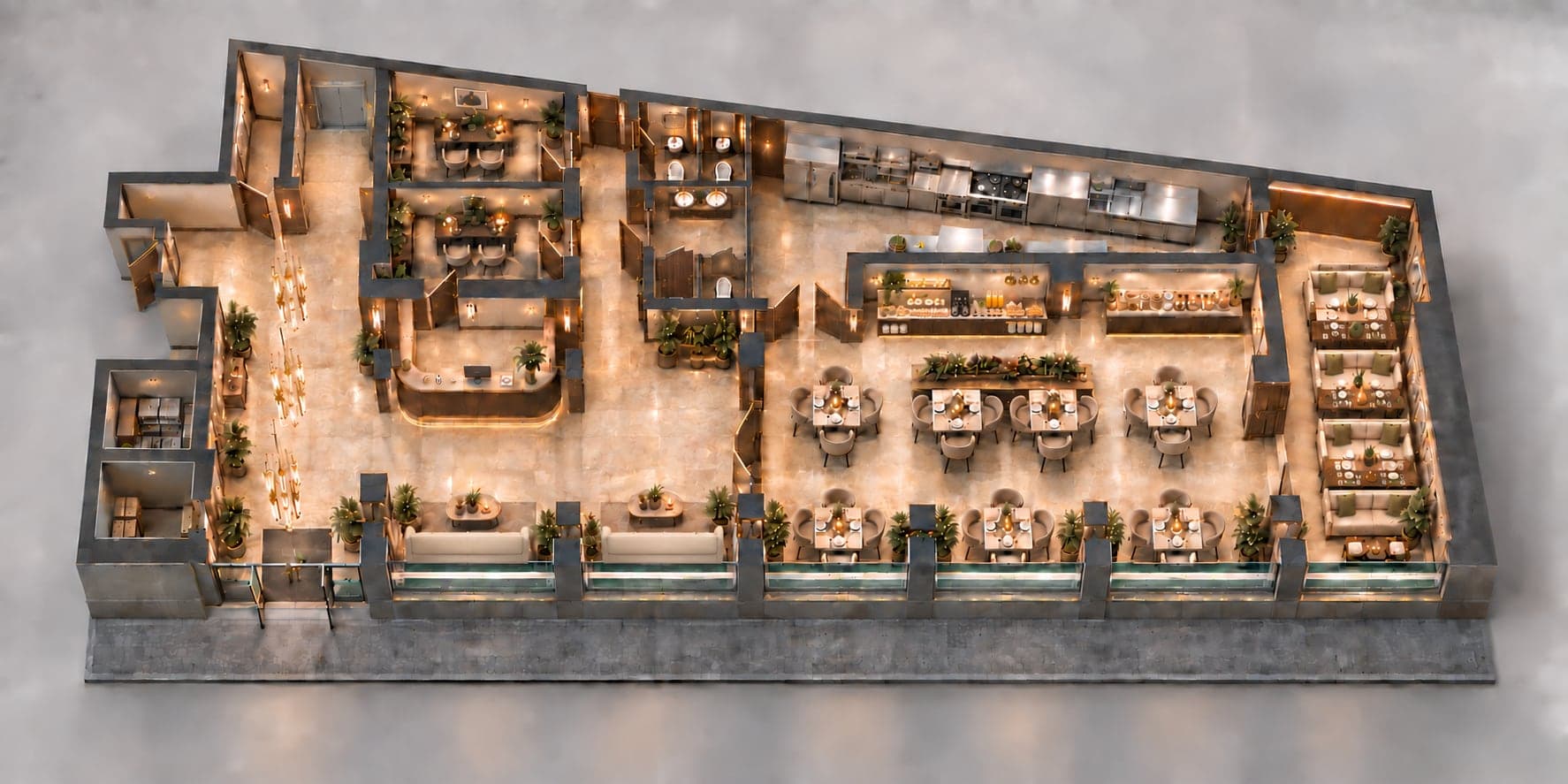 Vue 3D en plan du rez-de-chaussée aménagé, vue de dessus : réception, restaurant, cuisine et bureaux