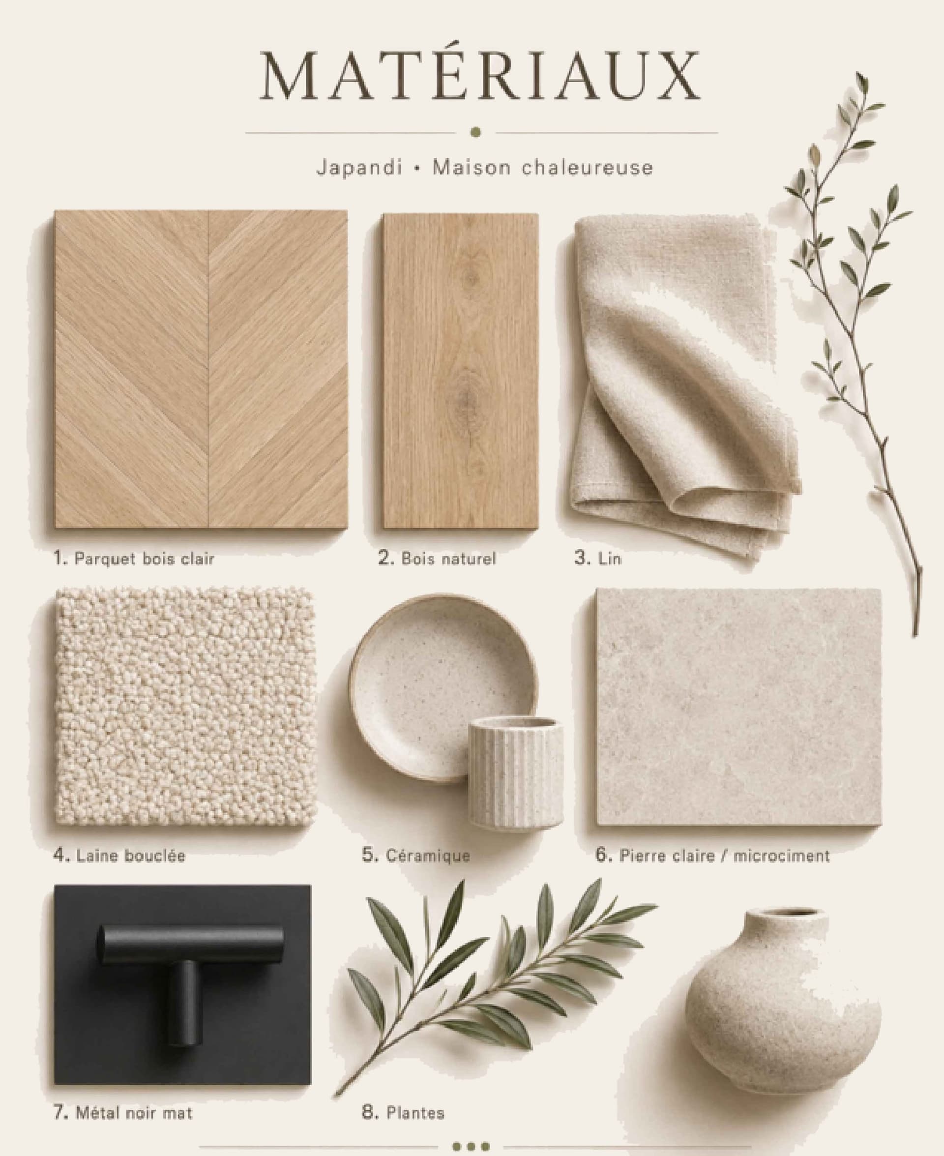 Échantillons de matériaux : parquet, bois naturel, lin, laine bouclée, céramique, pierre claire, métal noir