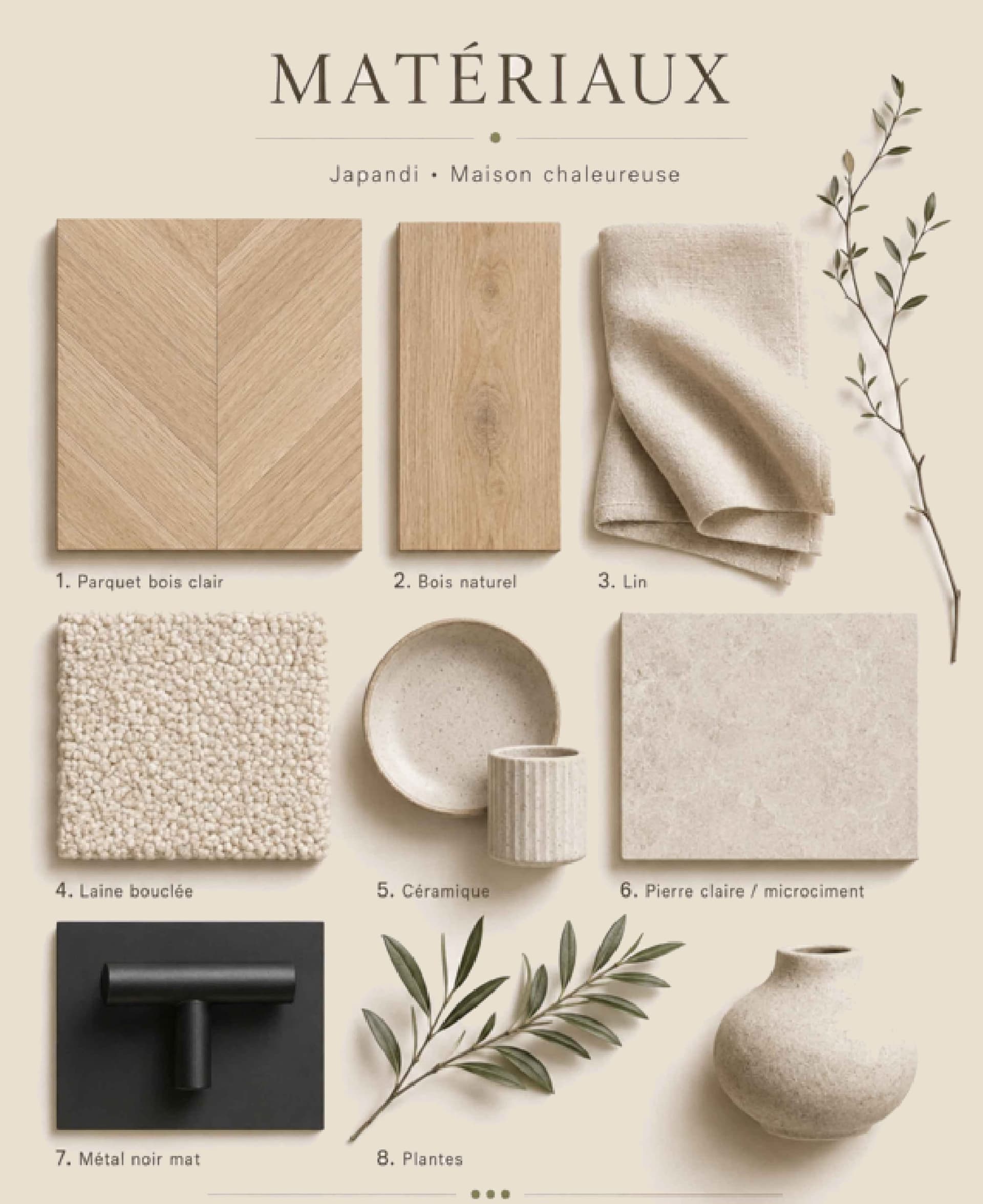 Échantillons de matériaux : parquet chêne, bois naturel, lin, laine bouclée, céramique, pierre claire, métal noir mat et branche d’olivier