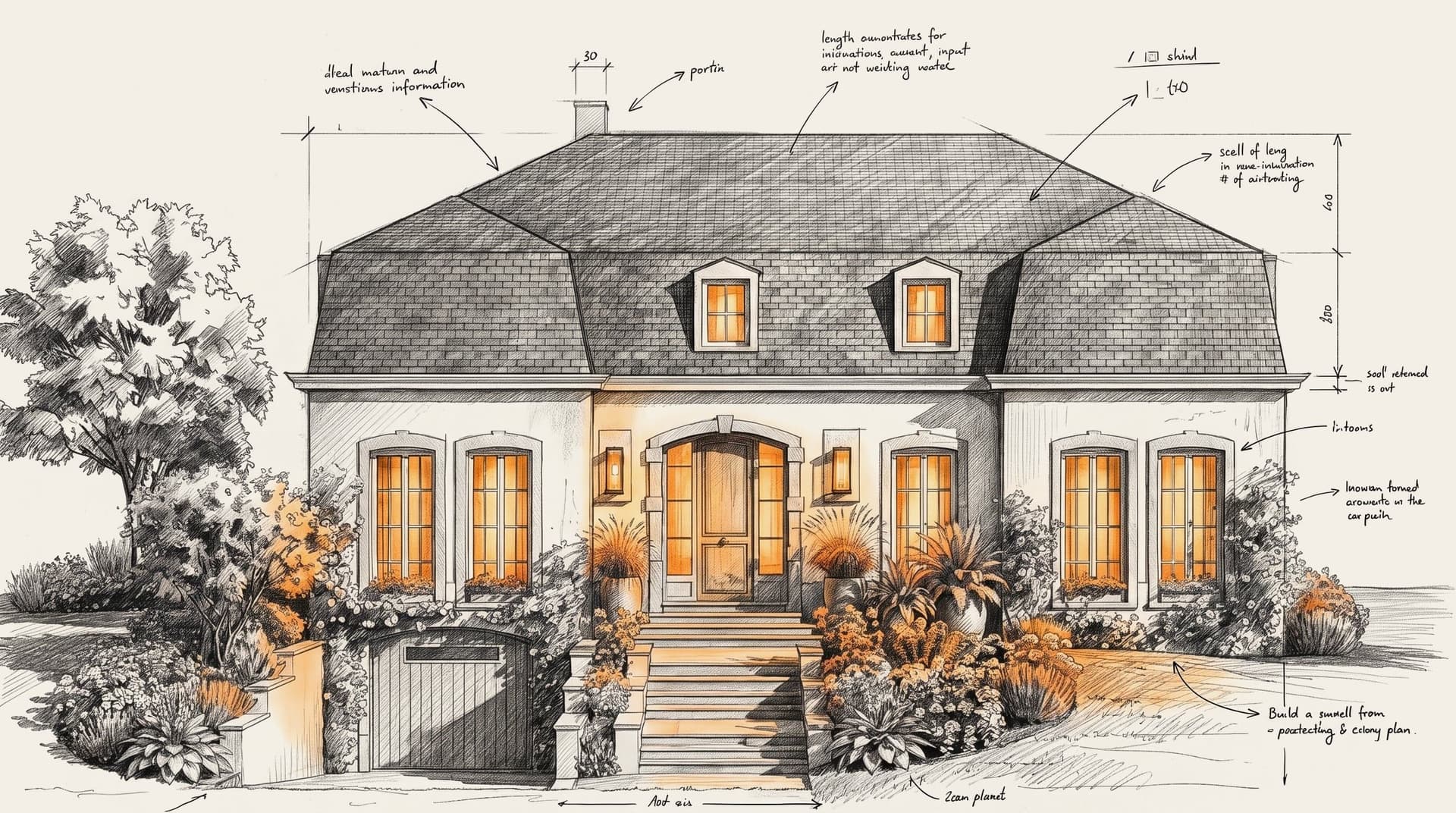 Croquis annoté de la façade avant au crayon