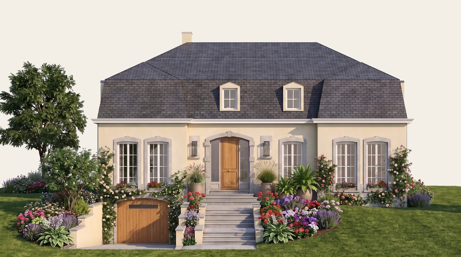 Rendu 3D de la façade avant : maison à toit mansardé, porte cintrée en bois, jardin fleuri