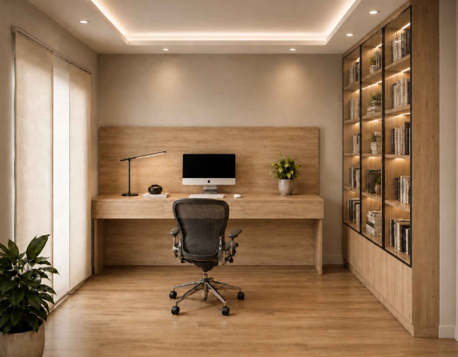 Bureau : long plan de travail en chêne, bibliothèque éclairée