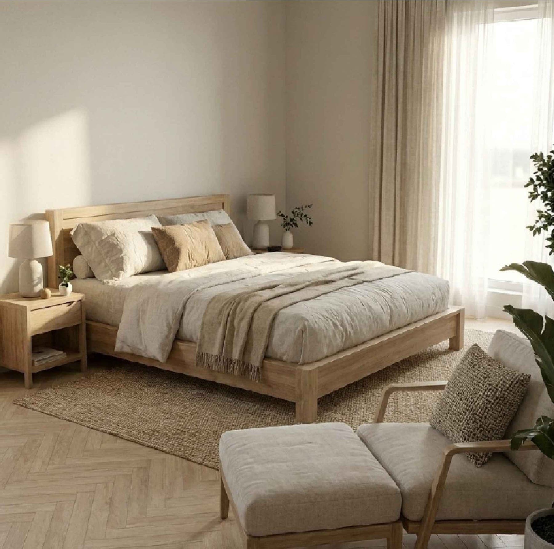 Chambre : lit en chêne, linge de lit en lin, parquet à chevrons