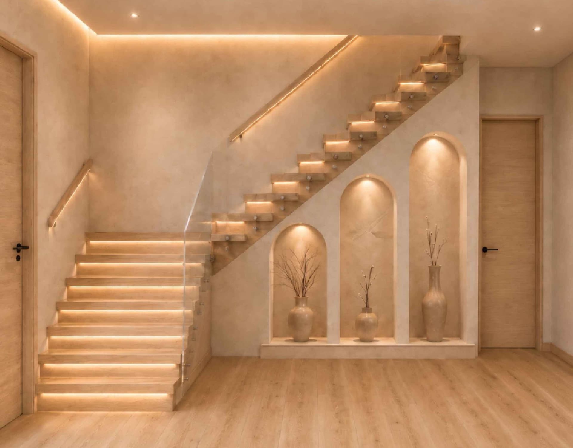Light wood staircase lit by an LED strip, three arched niches with vases