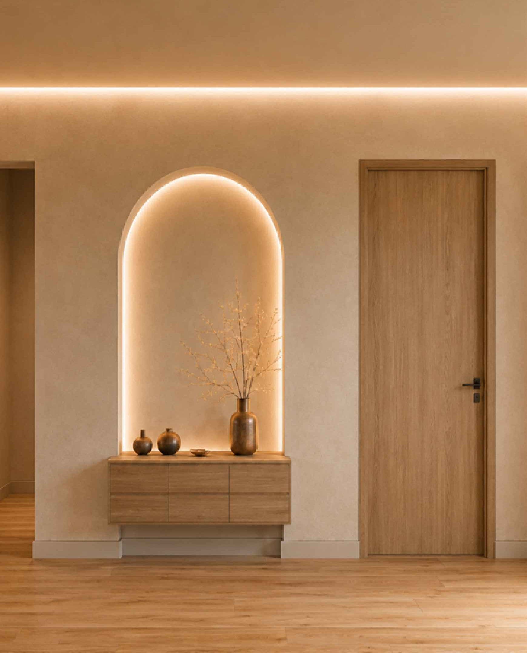 Niche en arche éclairée, vases en céramique posés sur un meuble en chêne