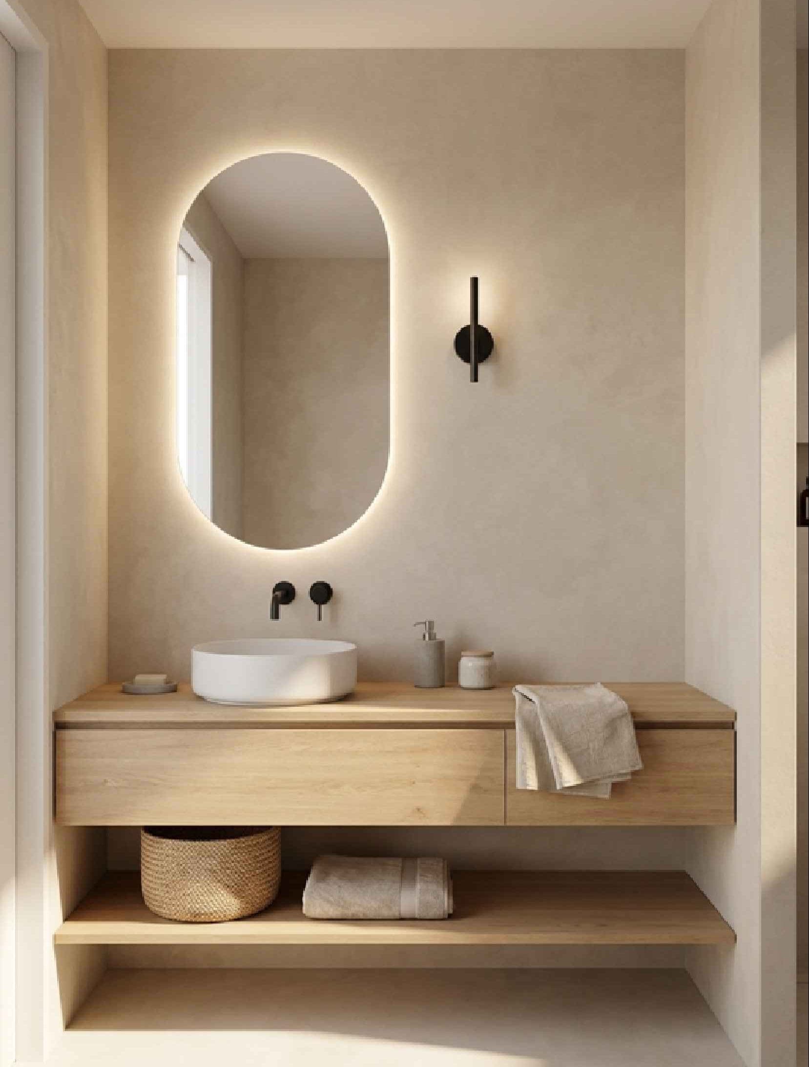 Salle de bain : miroir ovale rétroéclairé, vasque posée sur un meuble en chêne