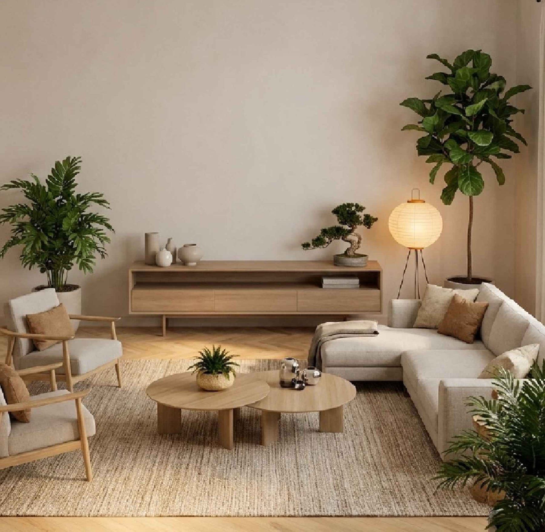 Living room: light sofa, round wooden coffee tables, jute rug and plants