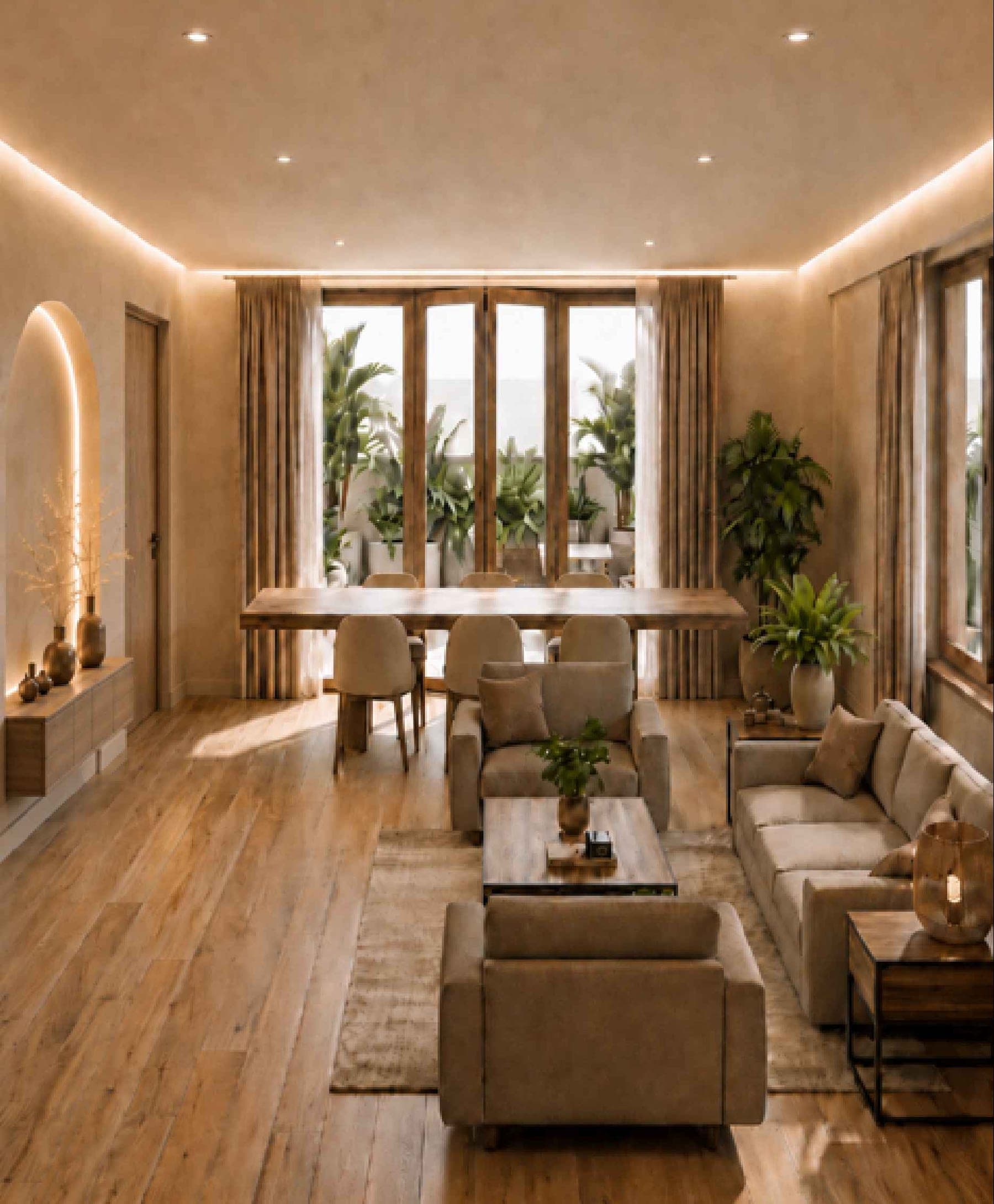 Séjour et salle à manger ouverts sur la terrasse, plafond avec éclairage indirect