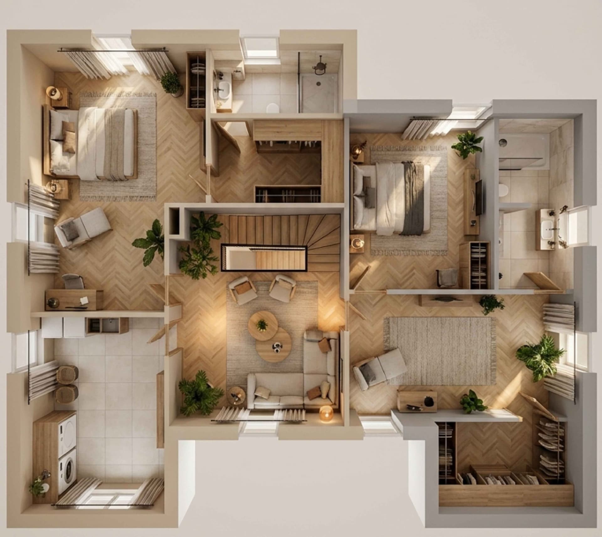 Vue 3D en plan du premier étage : chambres, dressings, salles d'eau, salon
