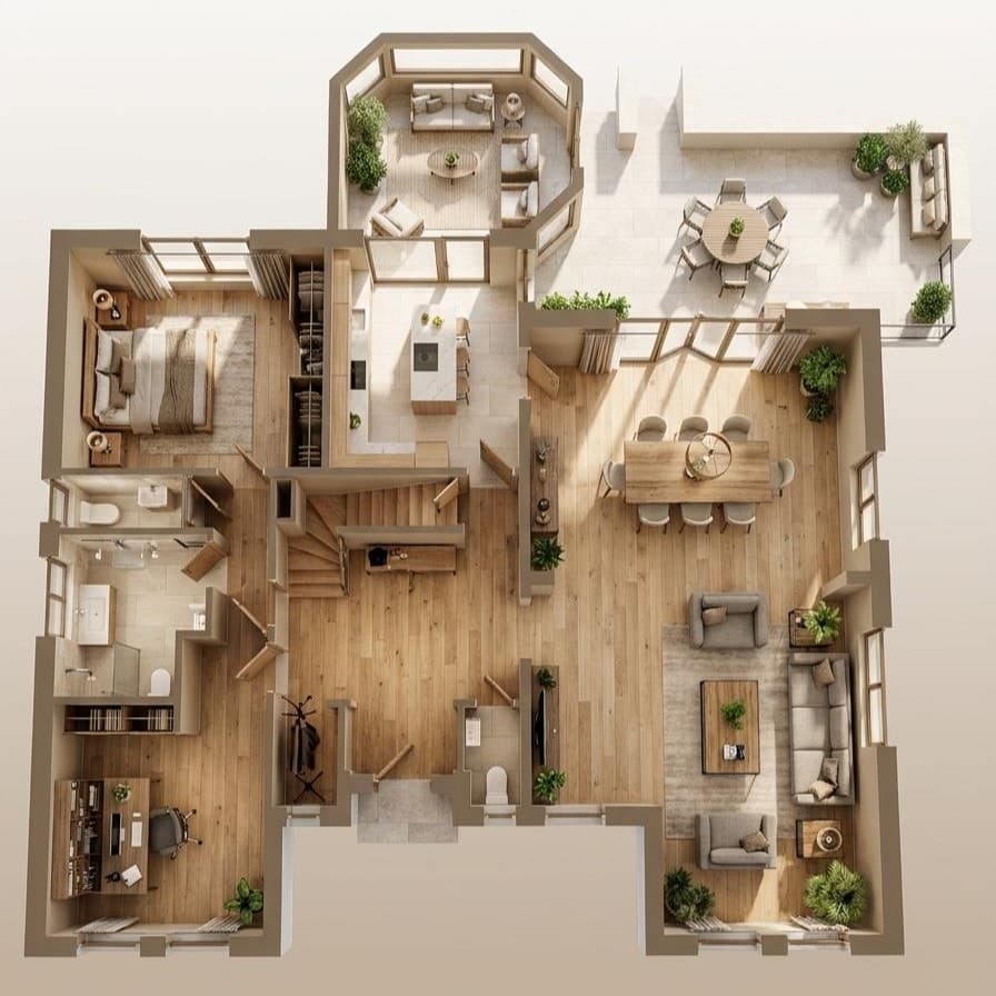 Vue 3D en plan du rez-de-chaussée aménagé
